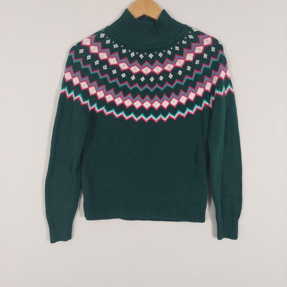 J.Crew Womens XS Fair Isle Sweater Green Cotton Mock Neck Pullover Geometric XS